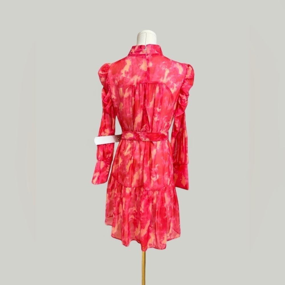 Dress Women Size Large Pink Tie Dye Mini Ruffle Long Sleeves Tiered Skirt Sheer - Picture 6 of 15